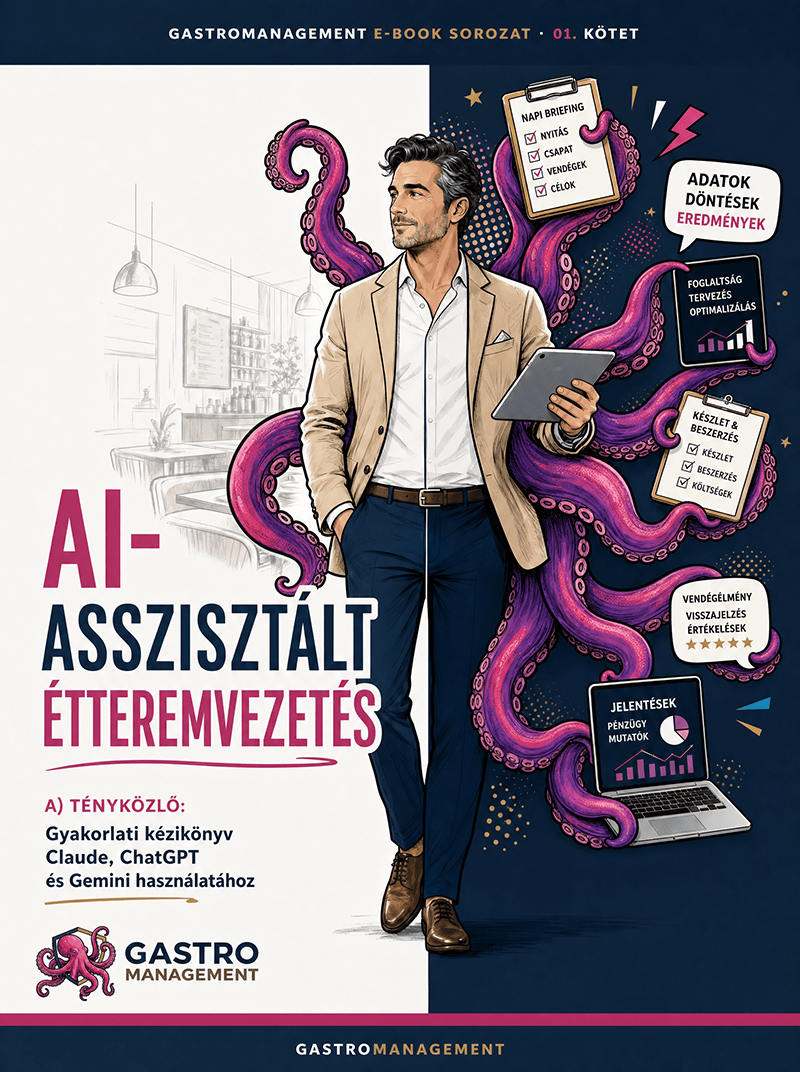 AI-asszisztált étteremvezetés e-book borító — 150 oldal magyar PDF étteremvezetőknek